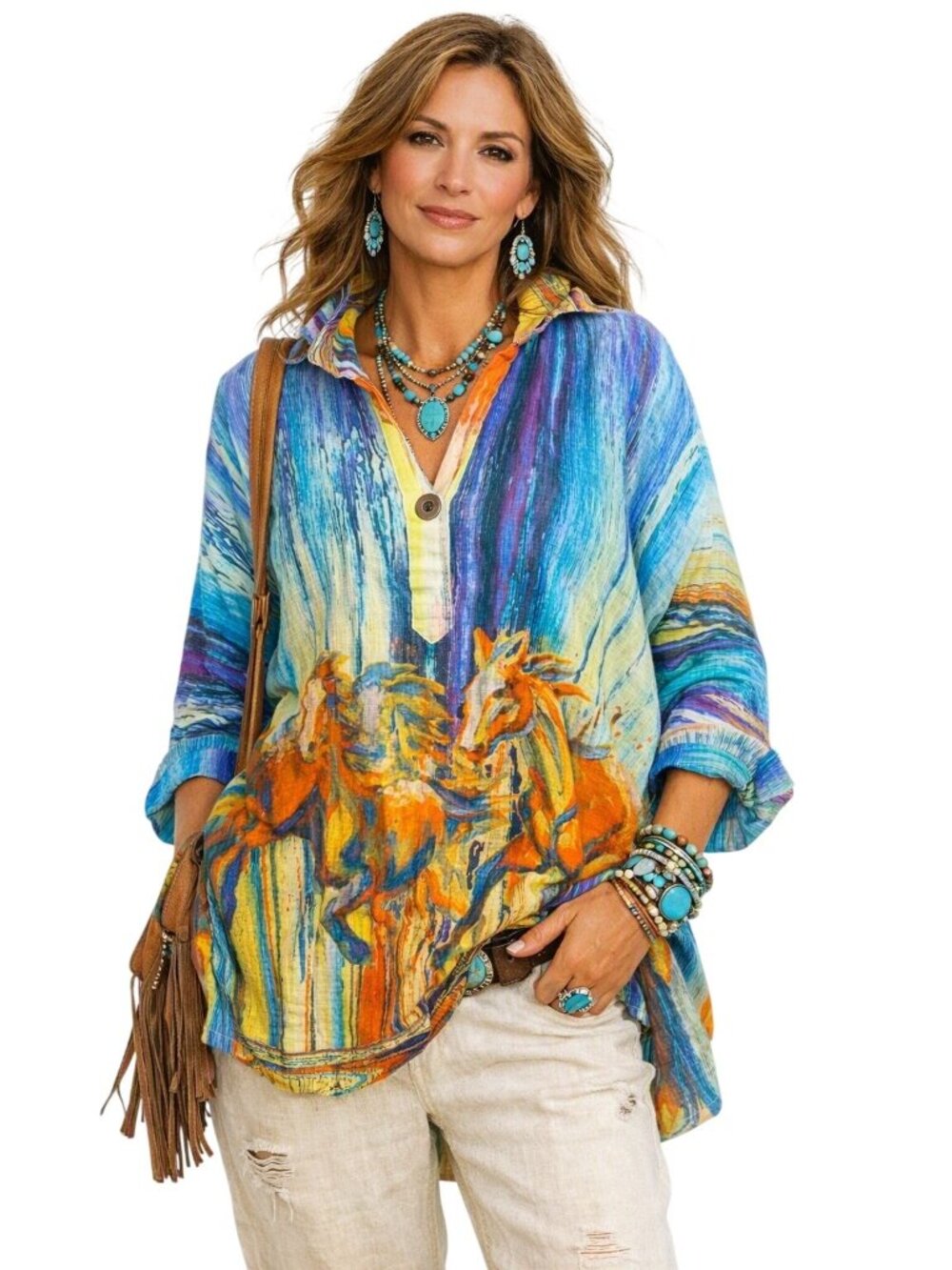 Dilemma Art to Wear Horse Print Cowgirl Southwest Santa Fe Tunic Shirt Cotton M